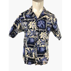 Cintas Hawaiian Aloha Shirt Mens Medium Tapa Print Navy White Luau